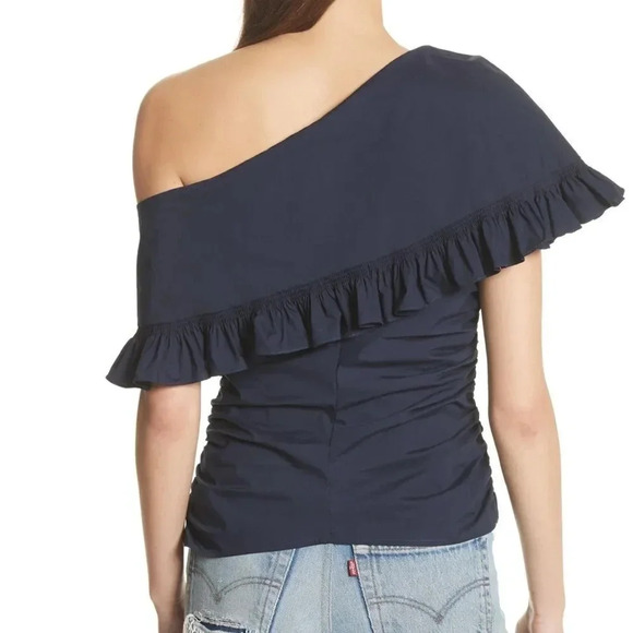 SEA Livia Navy Ruched Ruffle‎ Off Shoulder Blouse Sz 2 - Picture 8 of 8